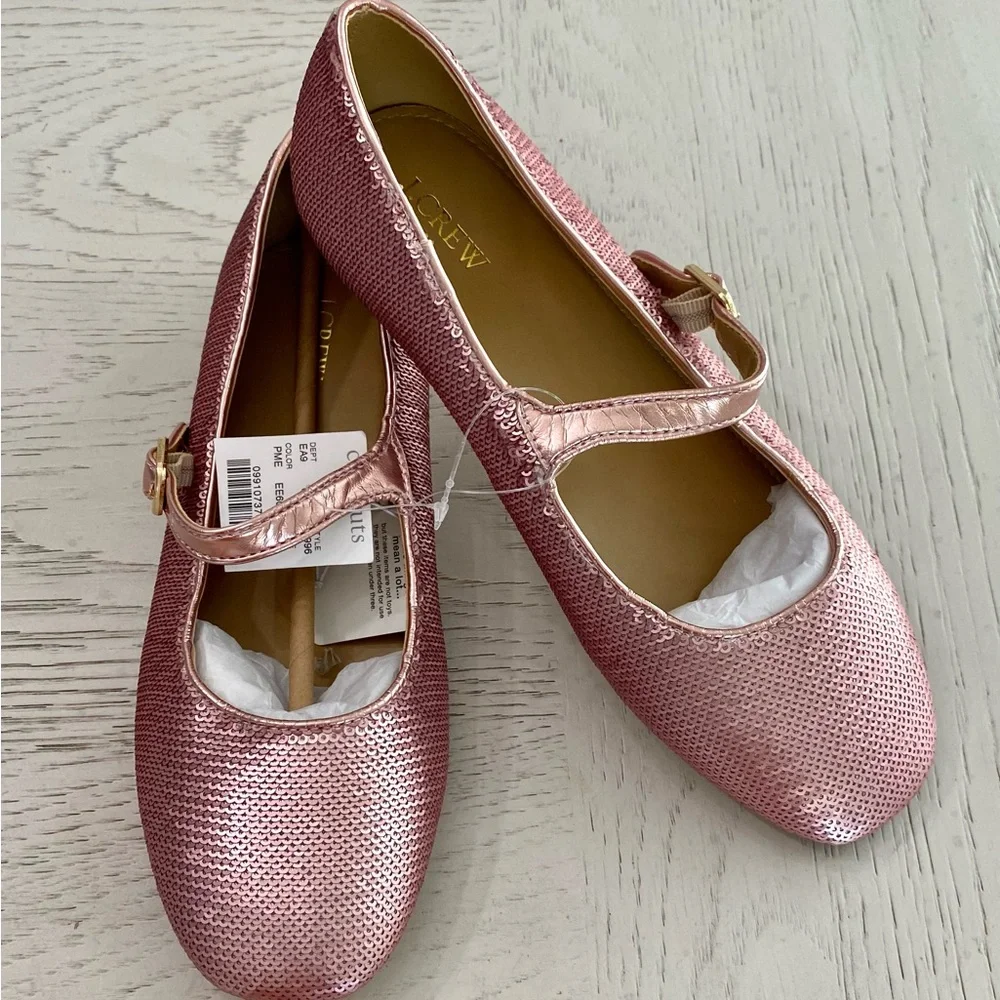 J. Crew Girls' Metallic Light Pink Rose Sparkling Mary Jane Buckle Flats Shoes 5